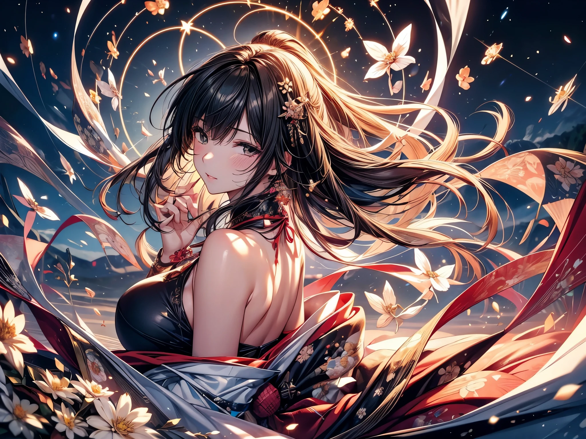 Ultra-delicate, Clear focus, (high resolution), Deformed depth of field blurred background, Detailed background, Perfect layer cutting, Atmospheric distance sense, artistic, (full-body shot/Cowboy shooting/Rear view/Top view/Top view), 8K, wallpaper, Micro light, complicated, familiar, black magician, particle, constellation, Stardust, universe, ((flower)), comfortable peace, peaceful, Japan, Himiko, kimono, With crystal, Fortune Telling, time and space,