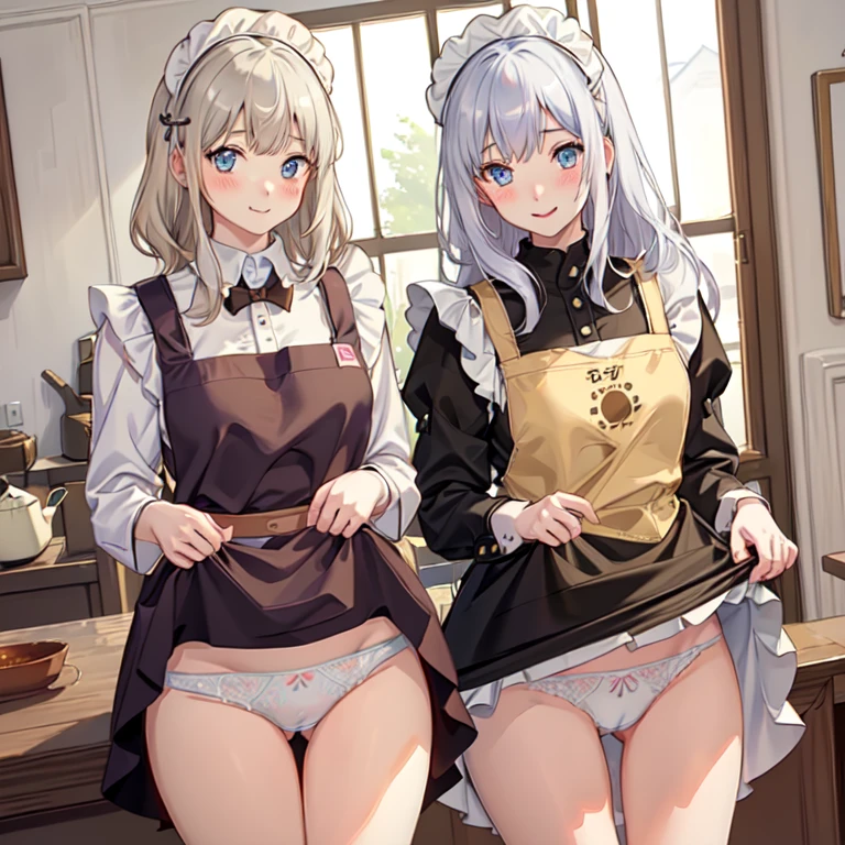 highest quality、masterpiece、((2 girls))、((smile:1.3))、(blush:1.3)、Black Shirt、blouse、((fun!!))、(Small breasts)、()、Blonde、(Long sleeve)、((White apron:1.5))、((Maid))、((hair ornaments)),、Kamimei、look at me、 ((in house:1.5))、 Taking a break from watching the audience、Cowboy Shot、(Skirt lift:1.3),(Highly detailed white panties:1.3)、(Highly detailed panties:1.3)、、(スカート that rolls up:1.3)、(Panties fully exposed:1.5)、Light blue eyes、long hair、Glowing Eyes