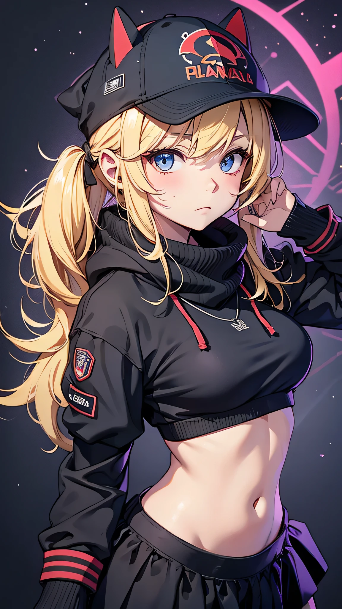 最high quality、Best image quality、masterpiece、girl((18-year-old、 By becoming、Best Bust、Medium Bust,Wide open breast tea、Red glowing eyes,Blonde、Disheveled Hair、Twin tails、thin,The highest valley、Open chest、Luminous Wristbands、hat、hair ornaments、luminous necklace、Black sleeveless hoodie(1:2)、Blue short skirt、Disheveled clothing、Show the whole body,Low - Angle、Hacker-like、sweating、lure、Black cute mask、Leaning against a wall、Black scarf、Holding a penlight、Sad face、Chain Accessories、handcuffs)),high quality、Beautiful art、background((Black Room、Black Wall、Black furniture、Big black TV、Black PC))、Flight、Flying debris、Written boundary depth、movie、Visual Arts、Perfect art、8K,Genuine,
