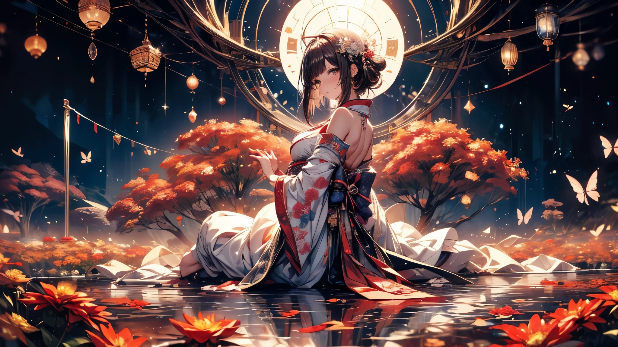Ultra-delicate, Clear focus, (high resolution), Deformed depth of field blurred background, Detailed background, Perfect layer cutting, Atmospheric distance sense, artistic, (full-body shot/Cowboy shooting/Rear view/Top view/Top view), 8K, wallpaper, Micro light, complicated, familiar, black magician, particle, constellation, Stardust, universe, ((flower)), comfortable peace, peaceful, Japan, Himiko, kimono, With crystal, Fortune Telling, time and space,