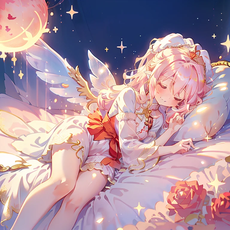 white background,((rose field)),(((Sleeping on his side with a smile on his face:1.1))),(sleep peacefully),shot from the side,Close ~ eyes,((long red dress that covers the legs)),((Sparkling red fluffy layered ball gown)),A large and beautiful dress inspired by rose flowers, lots of flowers、gold decoration,black ruffles、Intricate billowing ball gown with rhinestones,my heart is floating, ((giant white fairy wings))、gradient hair, golden hair, hair in the wind, wavy hair,fluffy hair,tiara,long eyelashes, light pink blush,pointed ears, long and thin legs, golden hour, dazzling light, warm lighting,only one face