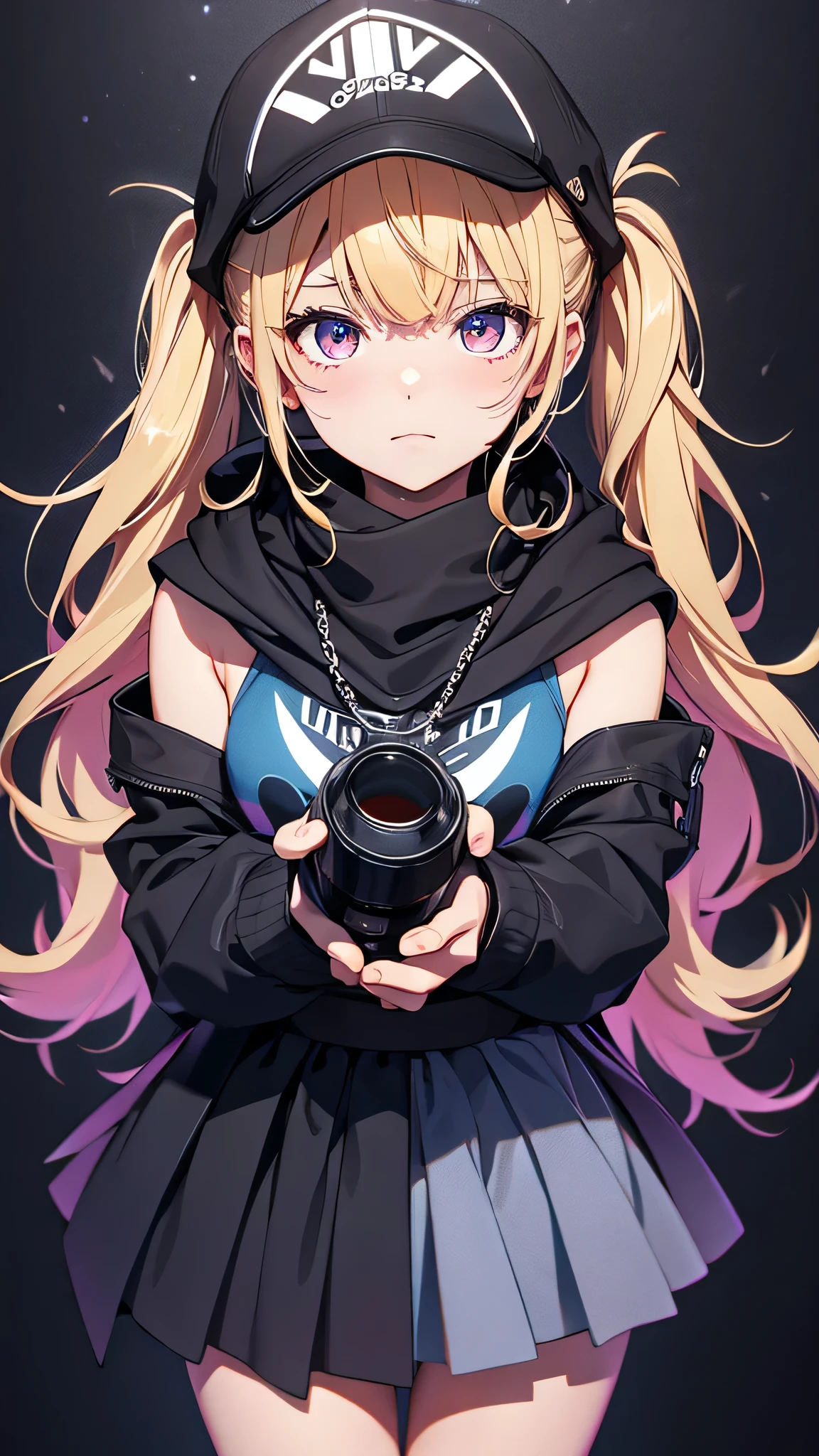 最high quality、Best image quality、masterpiece、girl((18-year-old、 By becoming、Best Bust、Medium Bust,Wide open breast tea、Red glowing eyes,Blonde、Disheveled Hair、Twin tails、thin,The highest valley、Open chest、Luminous Wristbands、hat、hair ornaments、luminous necklace、Black sleeveless hoodie(1:2)、Blue short skirt、Disheveled clothing、Show the whole body,Low - Angle、Hacker-like、sweating、lure、Black cute mask、Leaning against a wall、Black scarf、Holding a penlight、Sad face、Chain Accessories、handcuffs)),high quality、Beautiful art、background((Black Room、Black Wall、Black furniture、Big black TV、Black PC))、Flight、Flying debris、Written boundary depth、movie、Visual Arts、Perfect art、8K,Genuine,