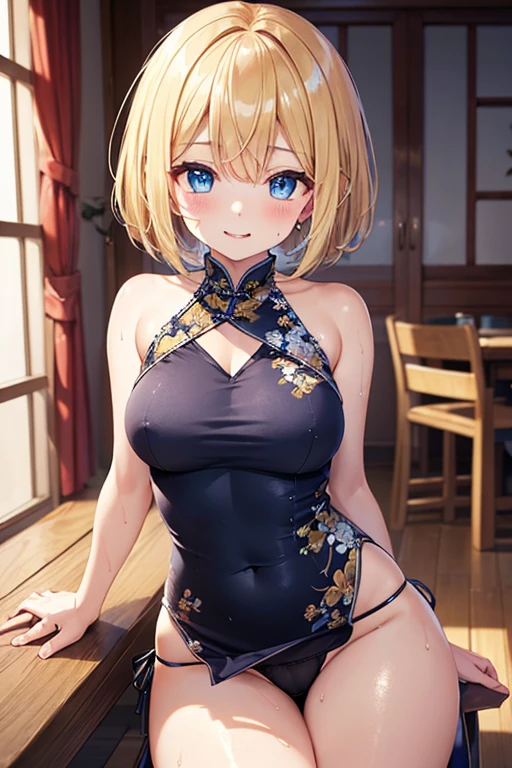 (masterpiece,highest quality,超A high resolution),Japanese women, (((Very beautiful 18 year old girl))), pretty girl、Look at the photographer、 ((Beautiful blonde bob hair)), Very cute face, Glossy Lips, Double eyelids on both eyes, blue eyes, Natural smile、 Natural Makeup, Long eyelashes, Shiny and smooth hair、Center image, Perfect limbs, Perfect Anatomy,(((Shiny Chinese Dress lace panties))),Show panties、Bite、Streaks are visible、Wet with sweat,Cowboy Shot,Sit on a chair