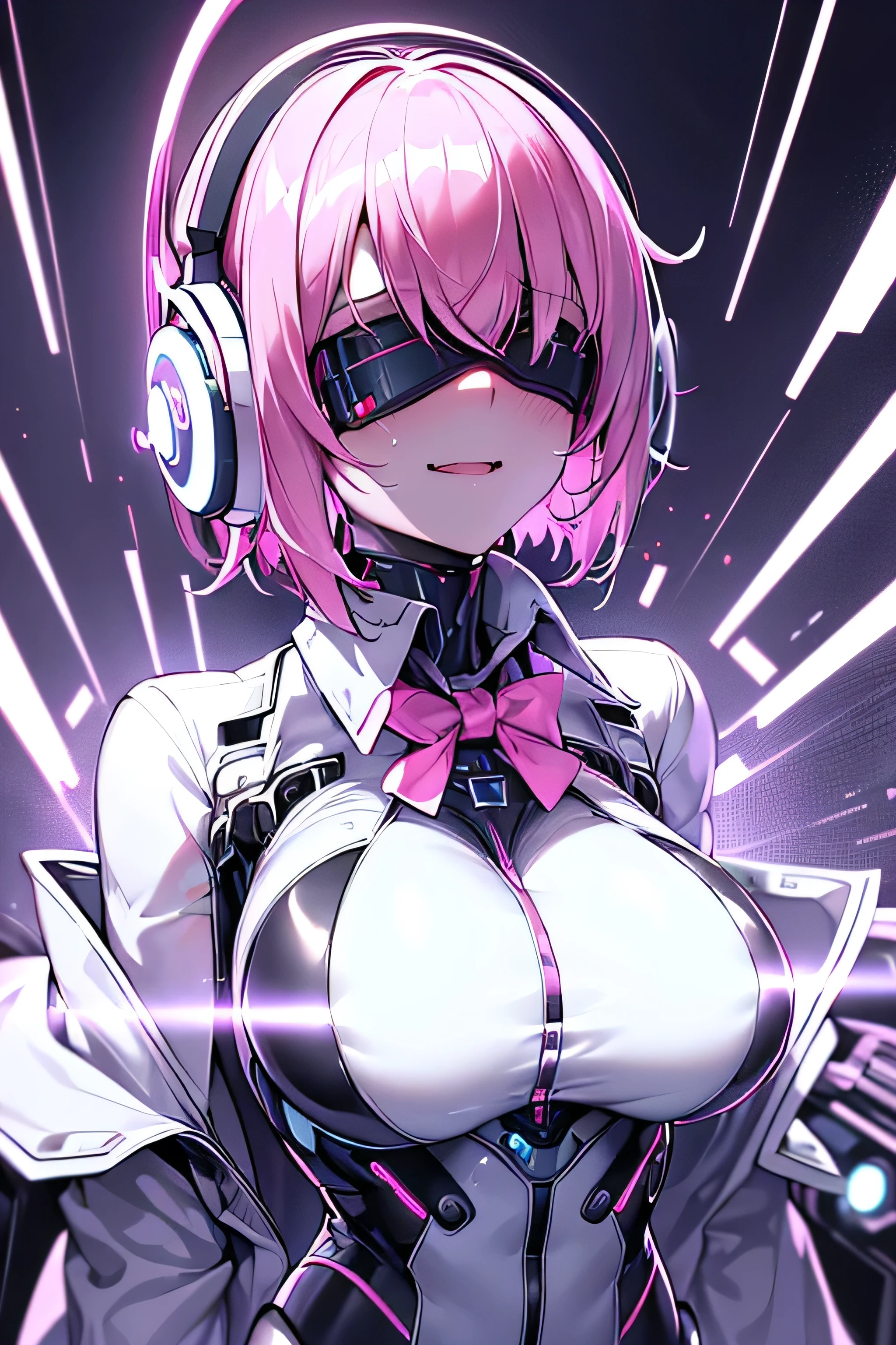 Anime cyborg girl sitting in a pilot seat wearing a virtual reality headset covering her eyes on her face with machinery and tubes and wires going inside her head and brain, (Best quality,highres:1.2), ultra-detailed, (realistic:1.3), cyberpunk, futuristic, portrait, shiny revealing latex outfit, cyber implants, virtual reality, drooling face, cables plugging into brain, shirt collar, bowtie, formal clothing, open mouth smile, facing viewer, girl is vibrating, glowing virtual reality headset, relaxed expression, blushing, cyber future formal wear, cyberpunk, futuristic, brain drain, cyber implants, virtual reality, drooling face, virtual reality headset covering eyes,  , big collar, high collar, open mouth smile, pleasured face expression, skin tight clothing, big shirt collar, big bowtie, biggest breasts in the world, light-emitting cable connected to brain, head antennas, oversized headphones, breasts are vibrating, open mouth drooling, blank expression, red face blush, cyborg, android, mechanical creature, mechanical torso, futuristic cyberpunk cyborg body, slim futuristic android, glowing lights on girls body, power cells, head is emitting pink light, formal shirt collar, big formal bowtie, , glowing nipples, big shirt collar, high collar, white collar, electrocution, girl being electrocuted, electricity, electricity sparks, pink hair, short hair, neon pink hair, body modification, orgasm, pleasure, (VR headset covering the eyes), vibrating breasts, vibrating girl, intense vibration, glowing nipples, lightbulb nipples, girl wearing large VR headset, glowing eyes, blank eyes, focused face expression, buttoned up white dress shirt, formal shirt with huge collar