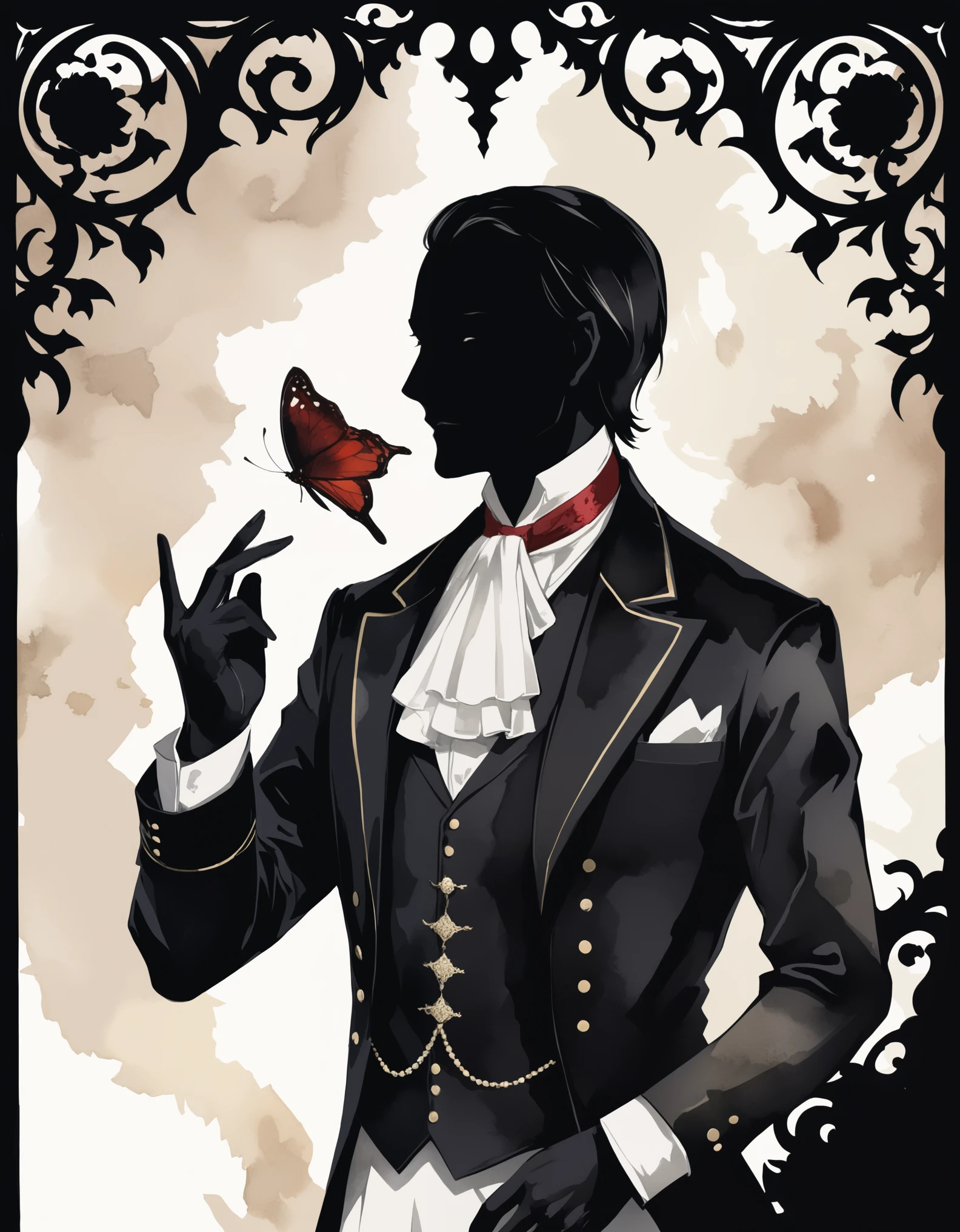 A dark environment,一个美丽的长发女人的Silhouette|A middle-aged gentleman in aristocratic attire,Stroke chest with one hand,Noble etiquette,magical,Silhouette,Black and White,树的SilhouetteNu Goth Art,Cartelcore,BW,Woodcarving,Side Light,Watercolor,Amaro,abstract,Velvia,Flickr,pixiv,One color,Curtsey
