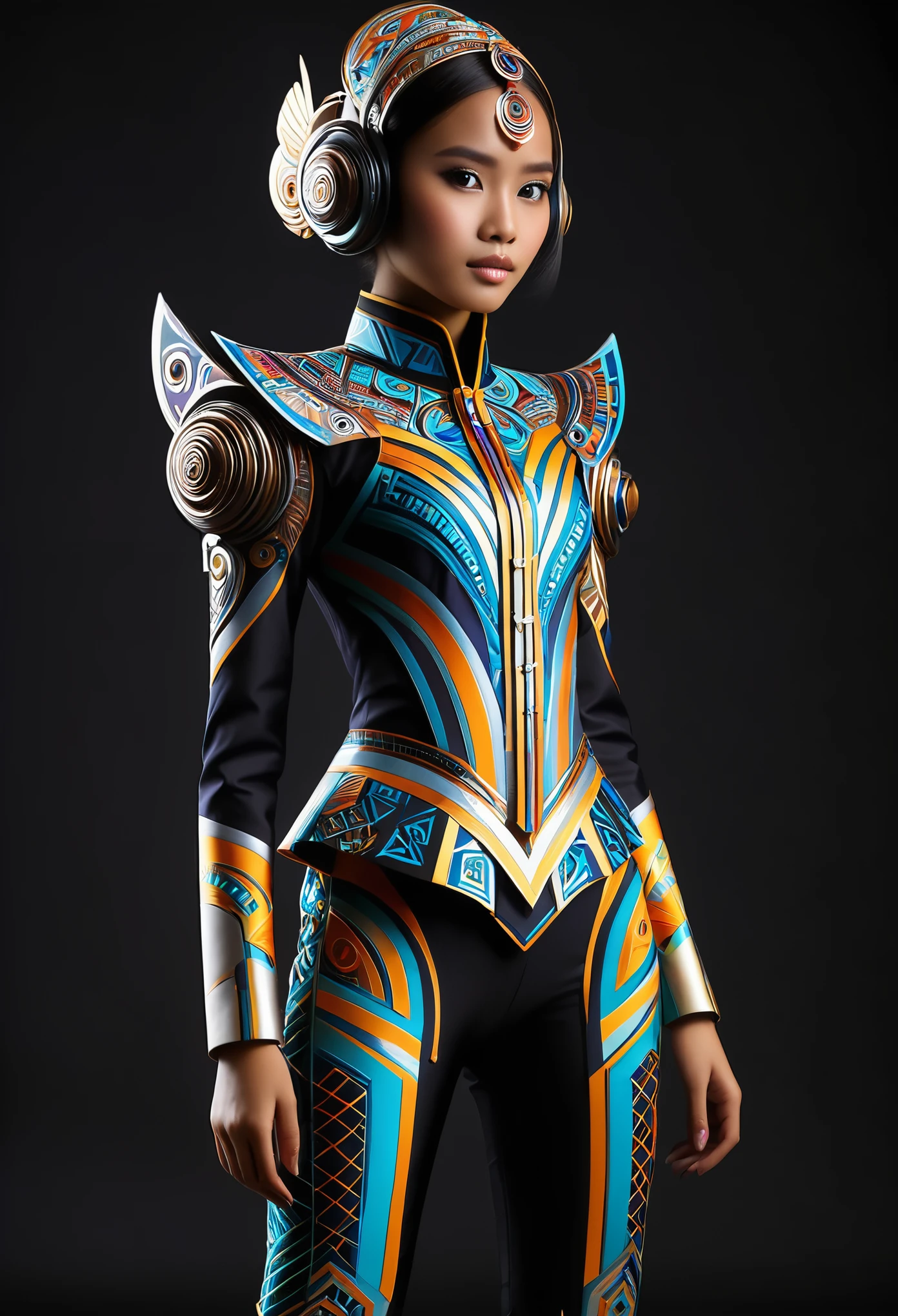 An Indonesian-styled futuristic suit worn by a girl depicting cultural fusion and modern fashion. The suit is adorned with intricate patterns and vibrant colors, showcasing the rich heritage of Indonesia. The girl stands confidently in a dynamic pose, with her detailed eyes reflecting determination and curiosity. The suit's material is a combination of traditional textiles and futuristic synthetic fabrics, giving it a unique and avant-garde appearance. The overall image quality is of the highest standard, with sharp focus and ultra-detailed rendering. The artwork employs physically-based rendering techniques, resulting in realistic lighting and shadows. The colors are vivid and vibrant, capturing the essence of Indonesian cultural aesthetics. The background features a fusion of modern architecture and traditional elements, creating a harmonious blend of the past and the future. The prompt explores the intersection of Indonesian culture, futuristic design, and the artistic representation of a confident girl