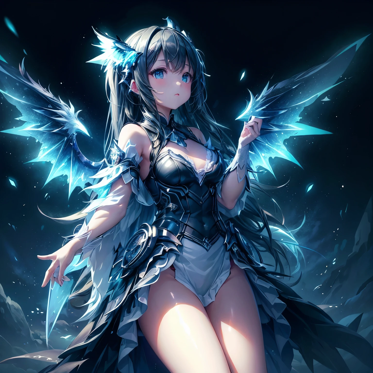 One girl、On the wings of light、Light wings glow on a dark background、contrast of darkness and light、(((masterpiece))), (best quality), (ultra detail), (very_high_resolution), (large_filesize), (full color)、Line art、neon