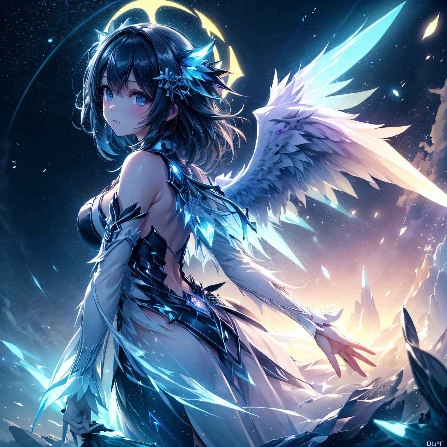 One girl、On the wings of light、Light wings glow on a dark background、contrast of darkness and light、(((masterpiece))), (best quality), (ultra detail), (very_high_resolution), (large_filesize), (full color)、Line art、neon