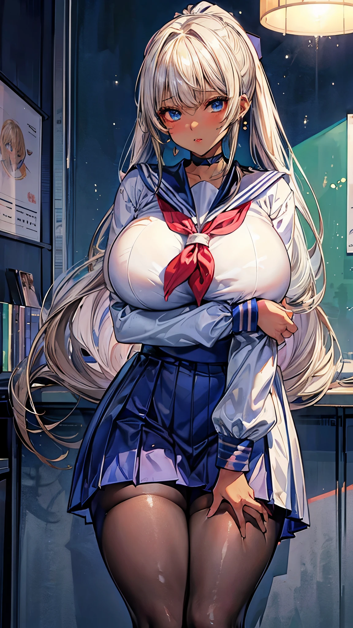 (masterpiece:1.2、highest quality、Tmasterpiece)、1 female、alone、classroom、Day、(Are standing)、whole body、blonde、ponytail、blue eyes、(Sailor suit:1.5)、(Dark Skin:1.4)、Big Breasts、(grab your left arm:1.3)、Long sleeve、corset、Earrings、lipstick、pantyhose、Very sweaty、choker、Scrunchie、mini skirt、blush、Covered breasts、Bangs braids、(Thick lips:1.2)