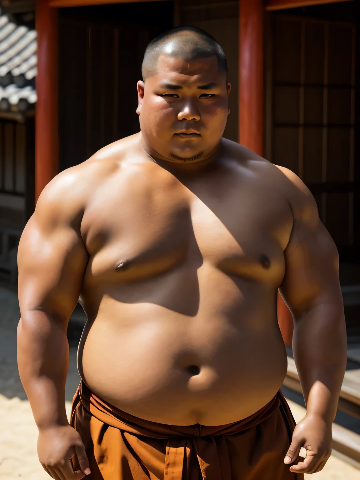 A young monk from ancient Japan, who looks like a fat bodybuilder like a sumo wrestler、He was standing there with a sunburned face and a haggard look on his face.