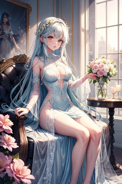 Woman in see-through white dress sitting in flower field, Ethereal and dreamy, Ethereal beauty, a stunning young Ethereal figure, dreamy and Ethereal, white hime cut hairstyle, Ethereal!!!!!!!, Ethereal fairytale, Beautiful maiden, pale snow-white skin, Ethereal!!!, by Torii Kiyomoto, fairycore, very Ethereal, extremely beautiful and Ethereal、there is a bouquet of Flowers that is sitting on a chair, colourfull Flowers bouquet, bouquets, ❤🔥🍄🌪, bouquet, colorful Flowers, Bright and soft colors, colorful pastel, Bright pastel colors, Bright pastel colors, in pastel colors, colourfull pastel, beautiful Flowers, beautiful colourfull, Flowers!!!!, colourfull, In beautiful colors, 🌸 🌼 💮、Woman in blue dress standing on wall, translucent dress, transparent gray dress, sexy gown, with a thin waist, long gown, long-one-piece dress female, Full length view, fantasy dress, low cut dress, opened dress, wearing long gown, see through dress, fantasy long intricate gown, long-one-piece dress, gown, wearing an evening gown, femme, gorgeous woman