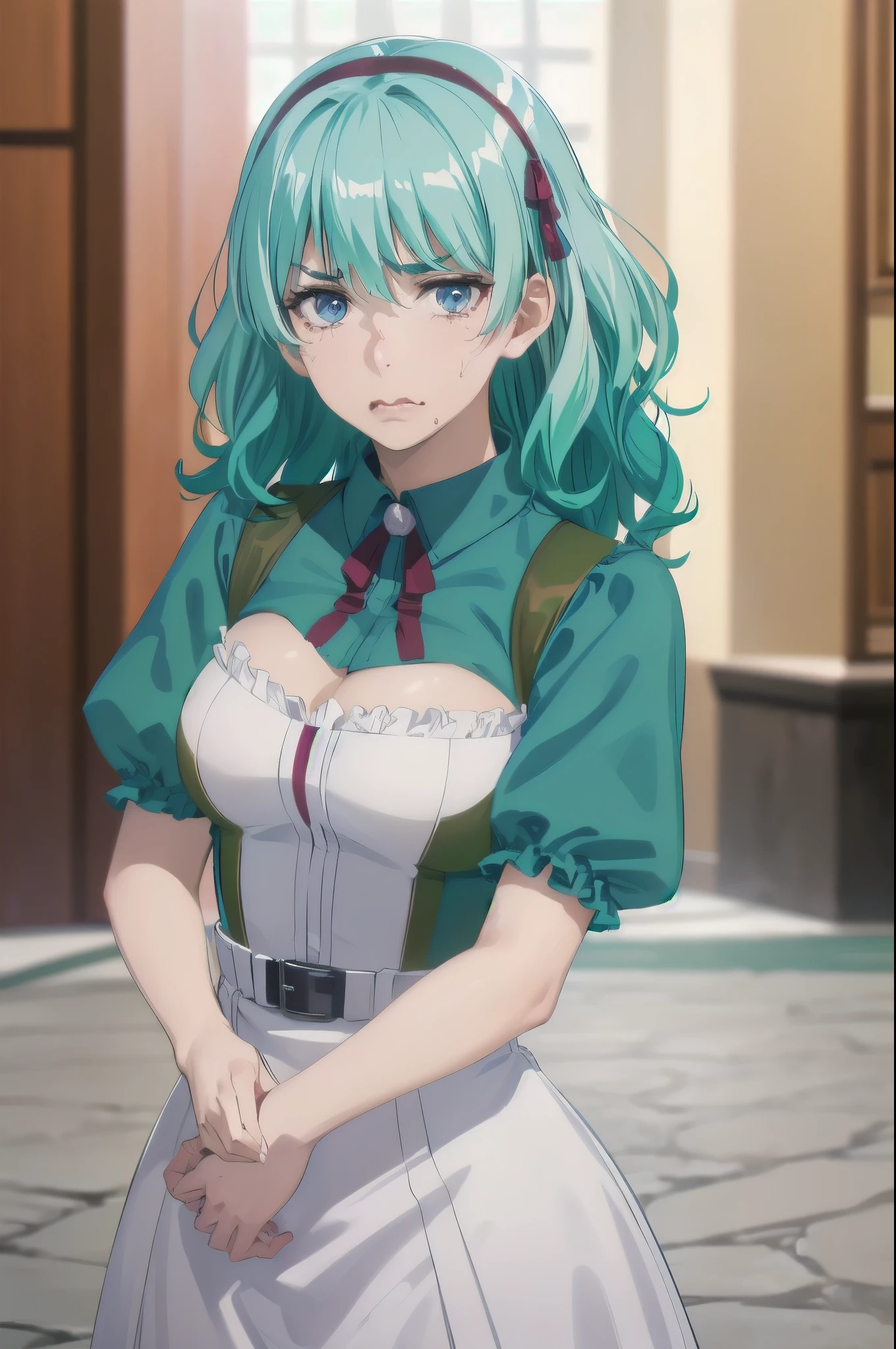 aqua hair, medium hair, blue eyes,photorealistic, (4k), (upper body), depth of field, (Masterpiece), (realistic skin texture), highly detailed, intricate, highly detailed, (upper body), professional photography, cover-up, bokeh, high resolution, sharp details, best quality,full body,(((Disgust, Contempt, Revulsion, Scorn, Sneer, Grimace, Repulsion, Loathing, Disdain, Grimace, Curling the lip, Nose wrinkling, Eyebrow raise, Lip curl, Eye roll)))