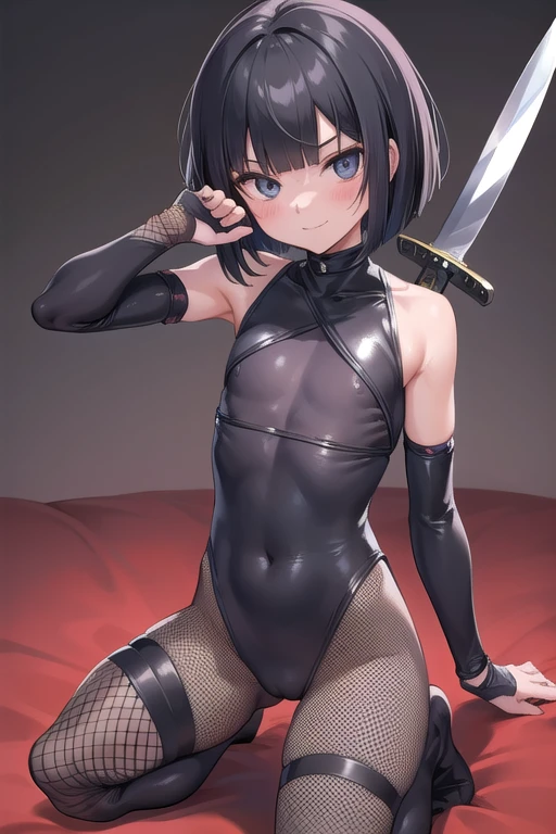 One boy,bob cut,bangs,black eye, (ninja:1.2),(fishnet-bodysuit:1.3), bare shoulders, detached sleeves,thighhighs, {black hair:1.3},{bangs bangs:1.3},(ninja sword:1.3),otoko no ko,Flat Chest,Cowboy Shot,masterpiece,highest quality,Super detailed, ,smile,blush, , blush,slant eyes,thin,kneeling,