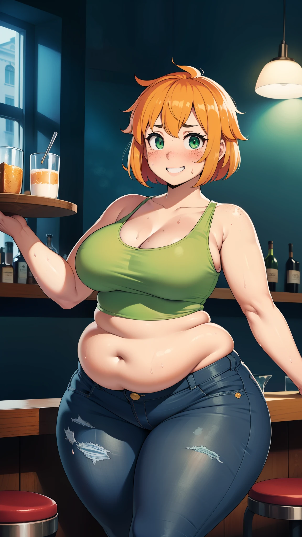 ((highres)), Masterpiece, high quality, best quality, beautiful, perfect lighting, detailed face, ultra cute face, ((1girl)), ((solo), short fluffy orange hair, green eyes, freckles, sweat, ((blush)), dunk smile, looking at viewer, leaning on bar, standing in a bar, (bar), daytime, tank top, jeans, (((thick thighs))), ((wide hips)), cleavage, (medium breasts), (chubby), 20 year old female,