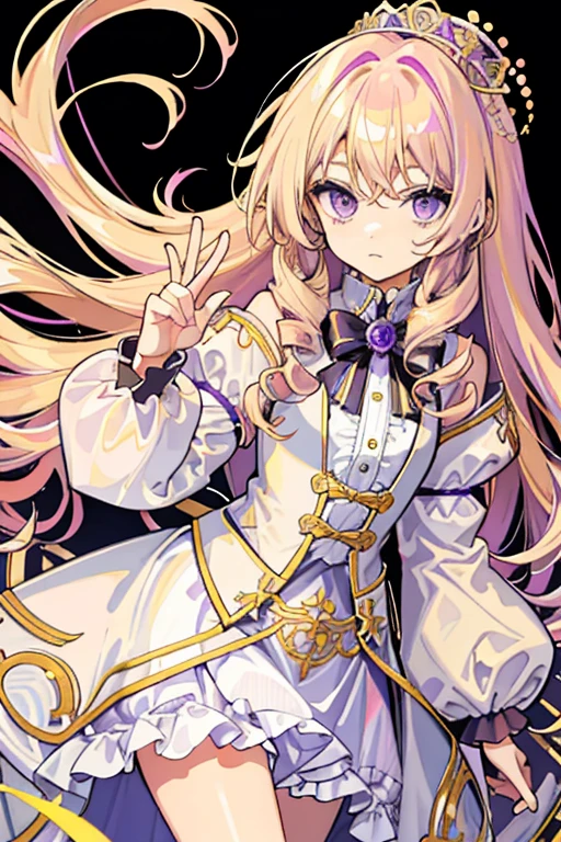 Light yellow curly hair,Lilac eyes,a queen,Immature teenage girl,elegant,rosette,Long curly blonde hair,irate,Cute and innocent girl
