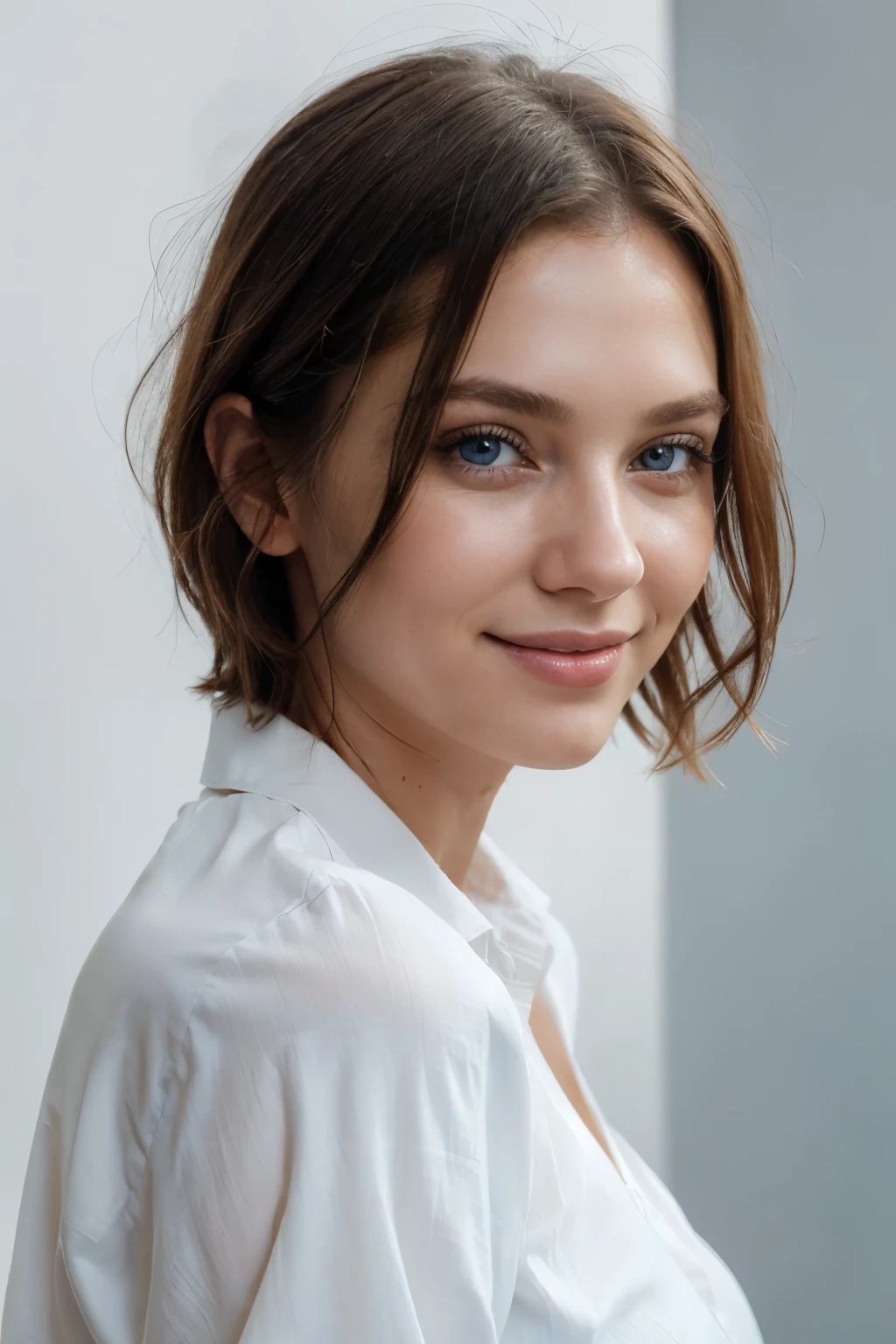 (best quality,realistic,ultra-detailed),Caucasian lady,smiling,blue long-sleeved shirt,short straight hair,shoulder length,happy expression,clear blue eyes,light makeup,slim face,fine wrinkles around the eyes,natural blush,subtle smile lines,soft and smooth skin,personable appearance,natural lighting,subtle shadows,natural facial features,white background