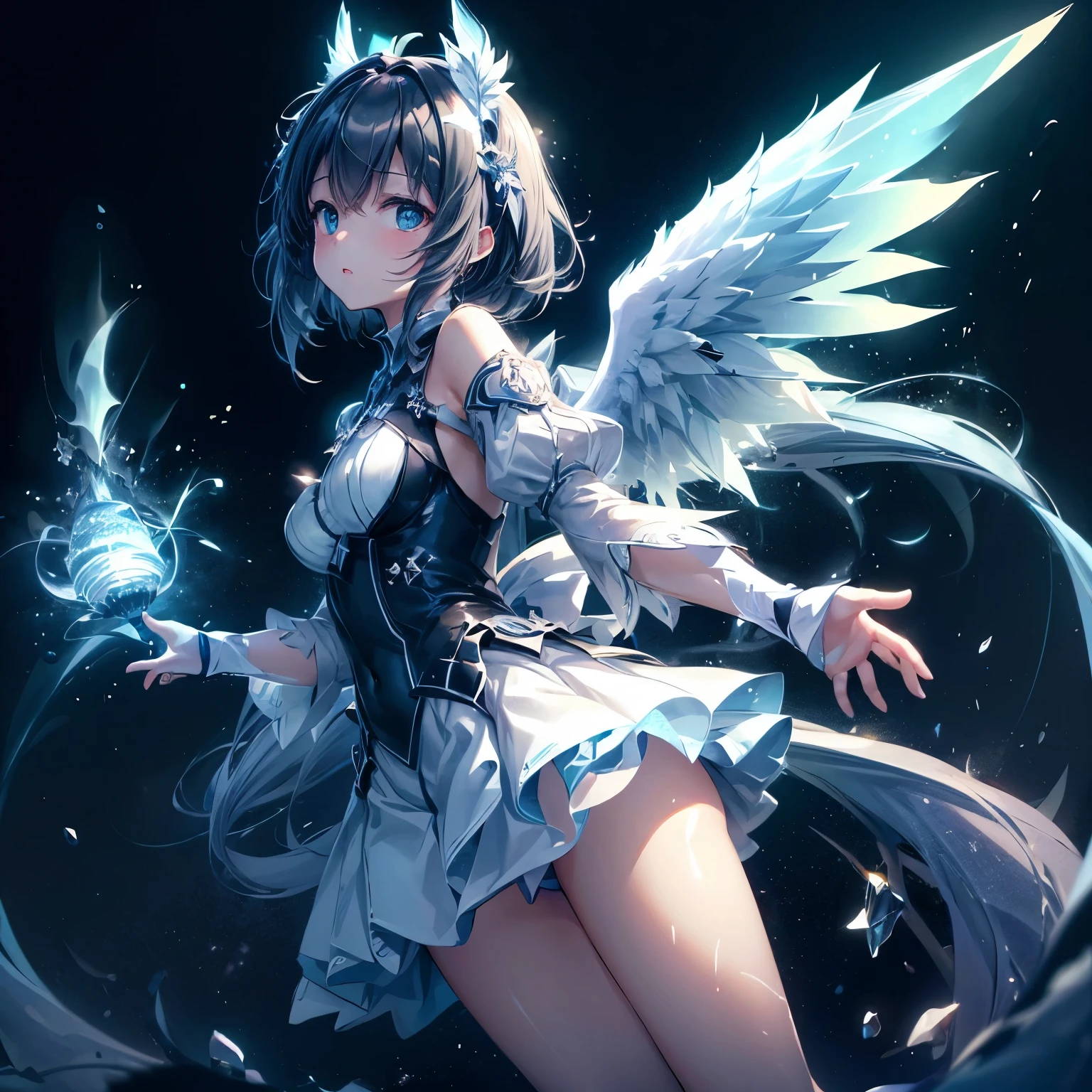 One girl、On the wings of light、Light wings glow on a dark background、contrast of darkness and light、(((masterpiece))), (best quality), (ultra detail), (very_high_resolution), (large_filesize), (full color)、Line art、neon