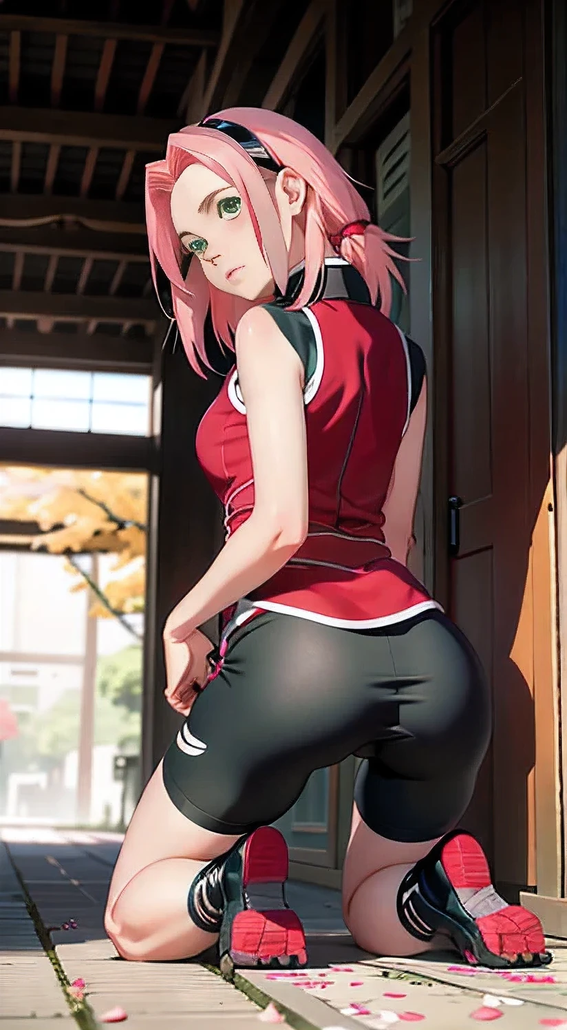 masterpiece， Best quality at best， 1 girl， Sakura Haruno， big ，Red short clothes，（split)，Grew, to be sexy，shy，fear，with pink hair， long pink hair， （green eyes:1.4)， Forehead Protection， cherry trees，flying cherry blossoms,Perfect round butt,behind,Full length portrait behind,in the cell,tight black glossy bicycle shorts, kneeling, hands clasped behind back, the sun is shining on the butt