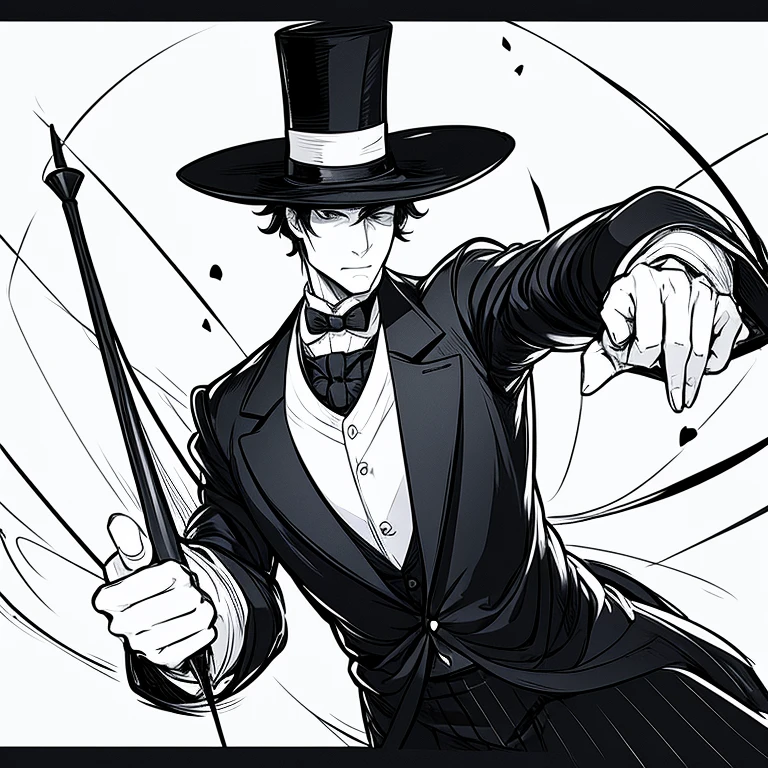 Sketch on paper. Man with Tuxedo, top hat, and cane with a ball on the top, black and white.