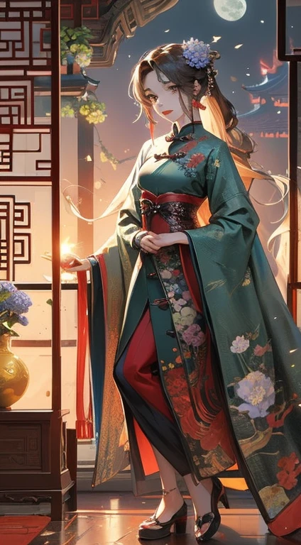 Masterpiece, Superb Product, Night, Full Moon, 1 Woman, Mature Woman, Chinese Style, Antique Chinese, Sister, Royal Sister, Smile, Brunette Hair, Updo, Red Lips, Calm, Intellectual, Hairpin, Hair Flower, Detailed Facial Details, Detailed Eyes, Full Body, Gray Eyes, Long Hair, Hydrangeas