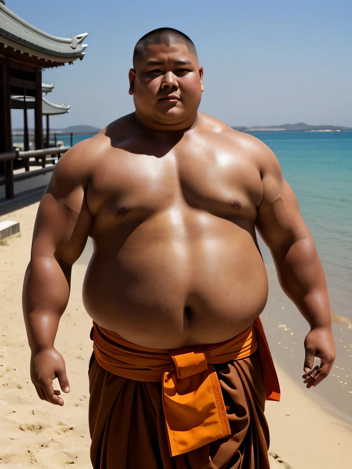 A young monk from ancient Japan, who looks like a fat bodybuilder like a sumo wrestler、He was standing there with a sunburned face and a haggard look on his face.
