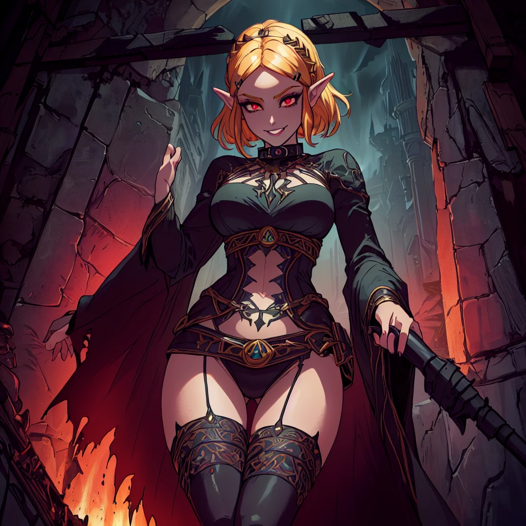 (zelda totk reimagined as a corrupted dark queen by ganon )+++, sfw++,masterpiece, best quality, high quality, illustration, film grain,(perfect female )++, beautiful detailed eyes, (symbol of evil:1.2),milf zelda, lascivious woman, (evil smile:1.1), (villain, dark heroine:1.2), (perfect female proportions:1.1), (seductive eyes:1.2), eyeliner, mascara, sexy makeup, (seductive smile:1.2), (mature woman:1.4),masterpiece, best quality, high quality, illustration, film grain, 1girl, (glowing evil red eyes), evil grin, crazy eyes, (high resolution, masterpiece, ultra best quality, insanely amazing hyper fine extremely detailed, official:1.4) dark heroine anime girl with short hair in a dark and evil place, extremely detailed artgerm, (official:1.4), dynamic composition, (solo girl:1.4), {sfw}, masterpiece, ultra-detailed, iconic attack, dominatrix, spiked collar, dark kingdom, bad end, 1girl, solo female, solo focus, mature female, standing, full body, looking at viewer, dark zelda totk, dark queen, evil, corruption, contrapposto, mind break, blond hair, (short hair:1,5), evil smile, lips, eyelashes, evil grin, dark aura, thigh_clothes, ,alternate costume, bdsm, (intricate details:1.12), (intricate details, hyperdetailed:1.15), hdr, dungeon, (at night:1.2), fireplace, warm light, dramatic light, cinematic,creepy dungeon, dark aesthetic, goth aesthetic, creepy, ominous background, dark atmosphere, death atmosphere, green and red atmosphere, evil dungeon background, gothique, faint darkness, ((red glow crotch tattoo)),
