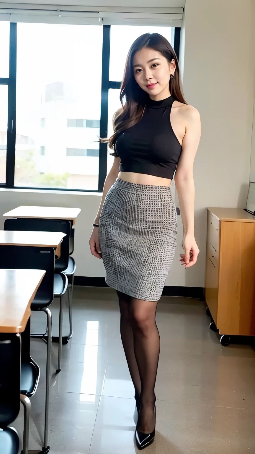 ulzzang-6500-v1.1, (RAW Photos:1.2), (Photorealistic), (Genuine:1.4), (Mastepiece), masterpiece, Absurd, The finer details, High resolution, Highly detailed face and eyes, Photorealistic, Textured skin, Anatomically correct, sharp, ((Full Body Shot:1.2)), (Shooting from the side), Alone in the classroom, (walking), ((Japanese Mature, 42 years old)), Black Hair, Semi-long hair, Shapely small breasts, (Looking at the camera), Serious expression, (Business look), ((teacher)), Grey halter neck、No sleeve, (Formal tight skirt), Armpit、 Ultra-realistic pantyhose、pumps, necklace