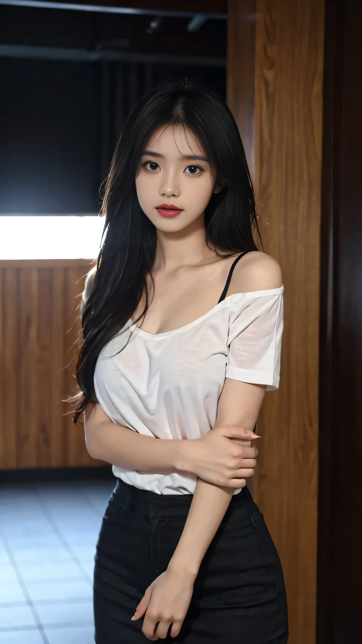 A perfect young female white-collar worker,Chinese,High picture quality,Works of masters,Black hair,Long hair flowing over the shoulders,Blured background,indoor , deep shadow, Real Human,CG rendering,16k, depth of field, movie light, lens flare, Ray tracing,Stand up,Empty interior,Do not show your hands,Close-up shot