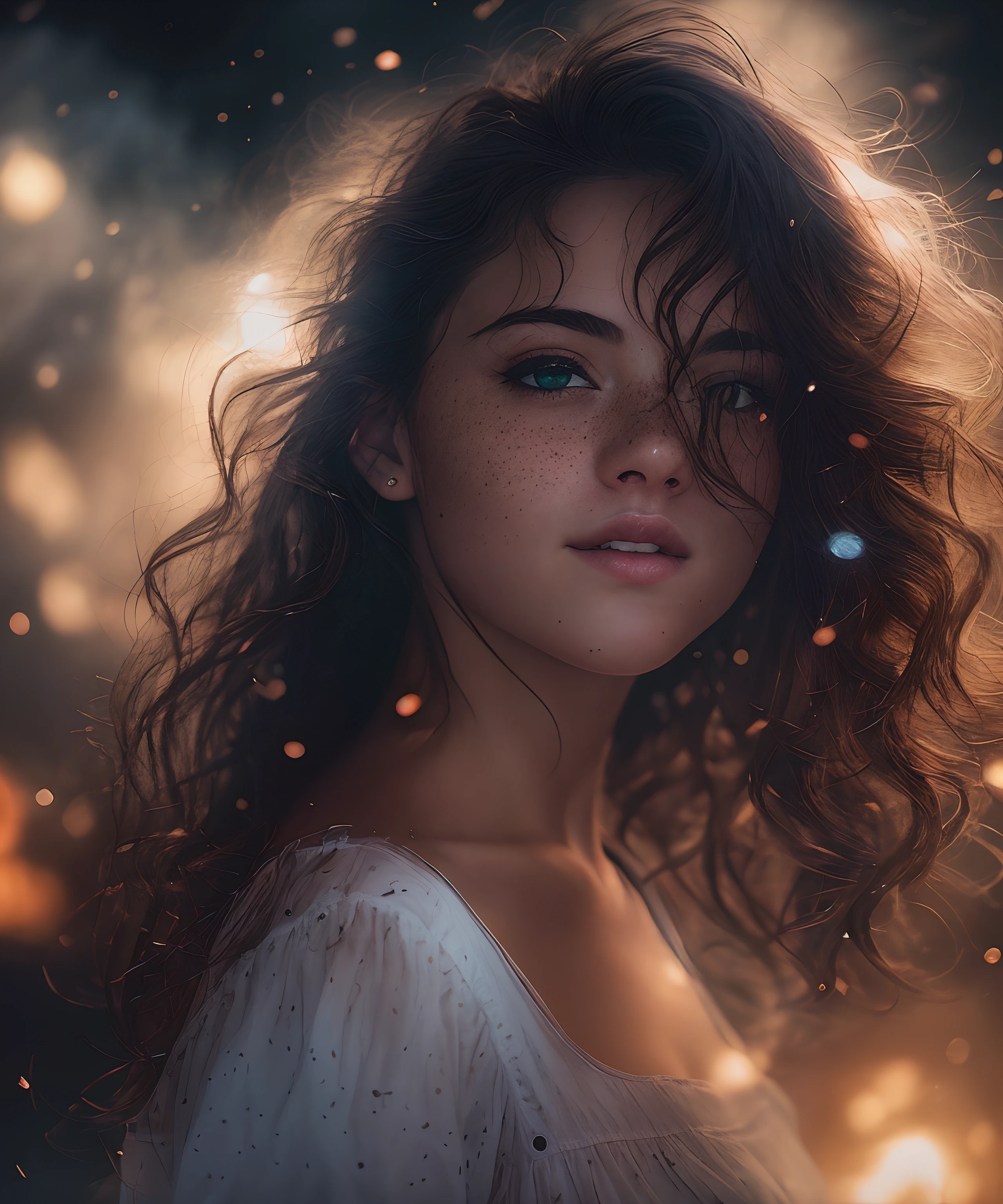 um close de um, Garota bonita, Physical rendering of a photo of an 18 year old girl, cachos, sardas, desabotoado, Blusa branca, fundo preto, luz no rosto, sonhar, magical atmosphere, cinematic lighting, brasas, fantasia, action pose, mist, Foto de CRU, 8k hd, film grain