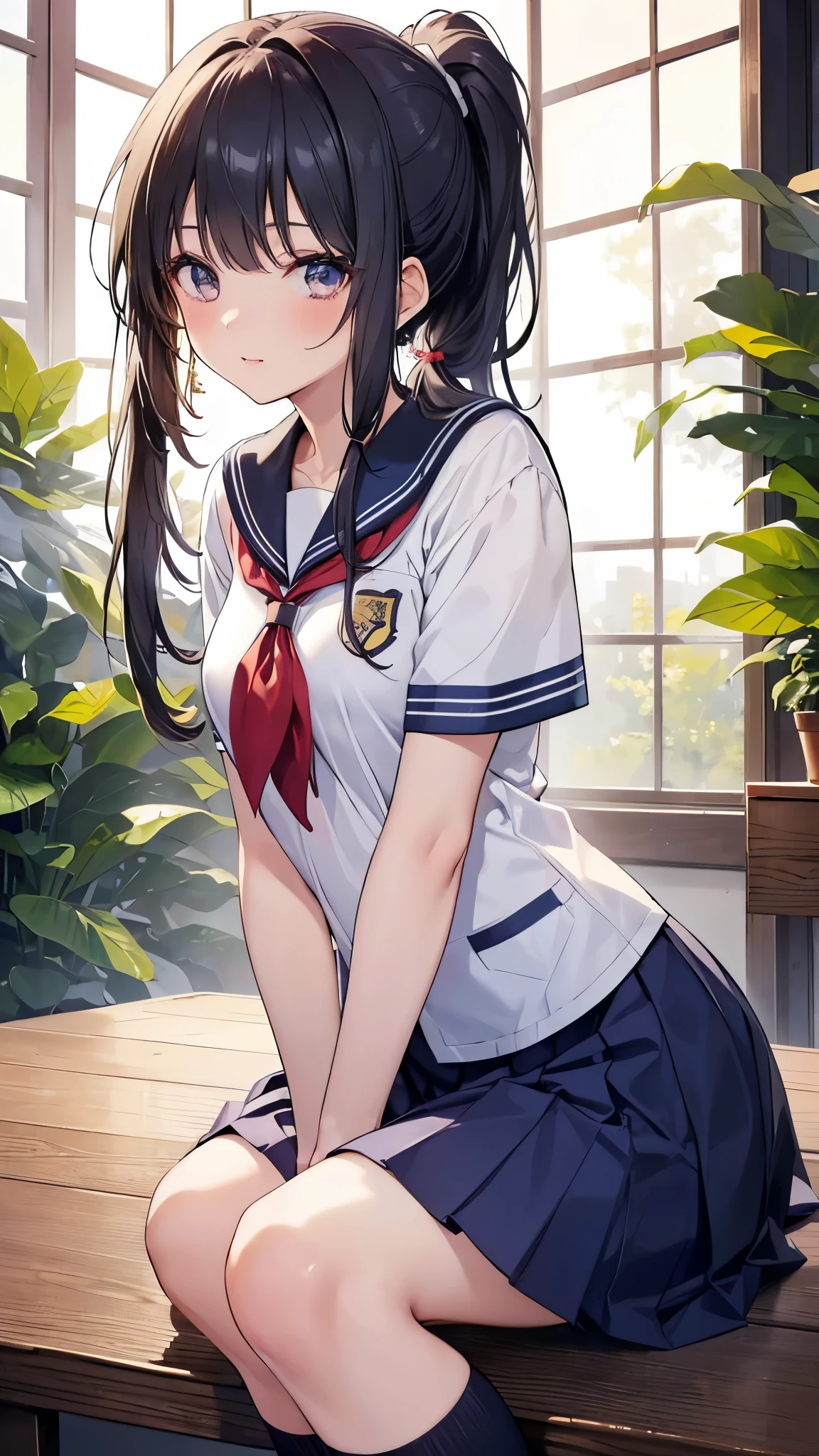 (masterpiece,highest quality,超A high resolution),Japanese women, (((Very beautiful 25 year old girl))), pretty girl、Look at the photographer、 ((Beautiful low ponytail)), Very cute face, Glossy Lips, Double eyelids on both eyes,Natural smile、 Natural Makeup, Long eyelashes, Shiny and smooth hair、Center image, Perfect limbs, Perfect Anatomy,(((school uniform))、School,