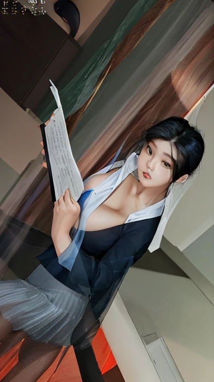 1 a beautiful girl, 20 years old,was reading a book,oval face, black hair, has an ideal and sexy body, big breasts, wearing a transparent white and blue shirt,wearing a short gray skirt,high quality, 8k, high detail