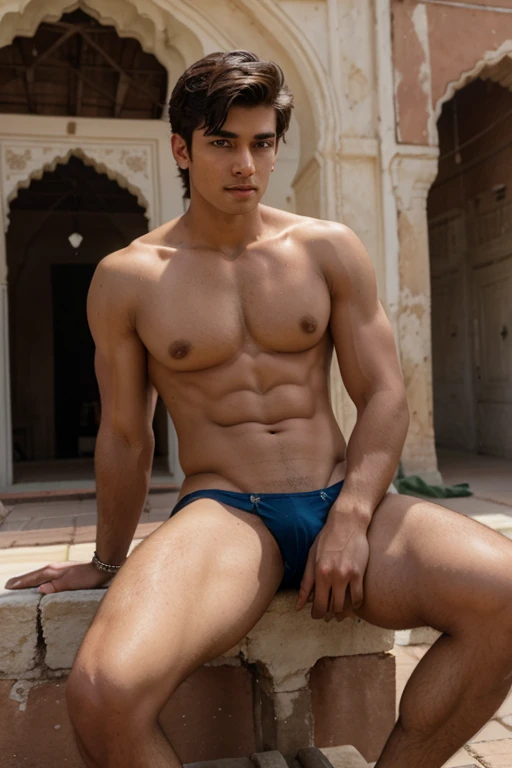 A 22 year old handsome boy gay boy without shirt wearing underwear sitting on the banch in the front of Lahore Fort