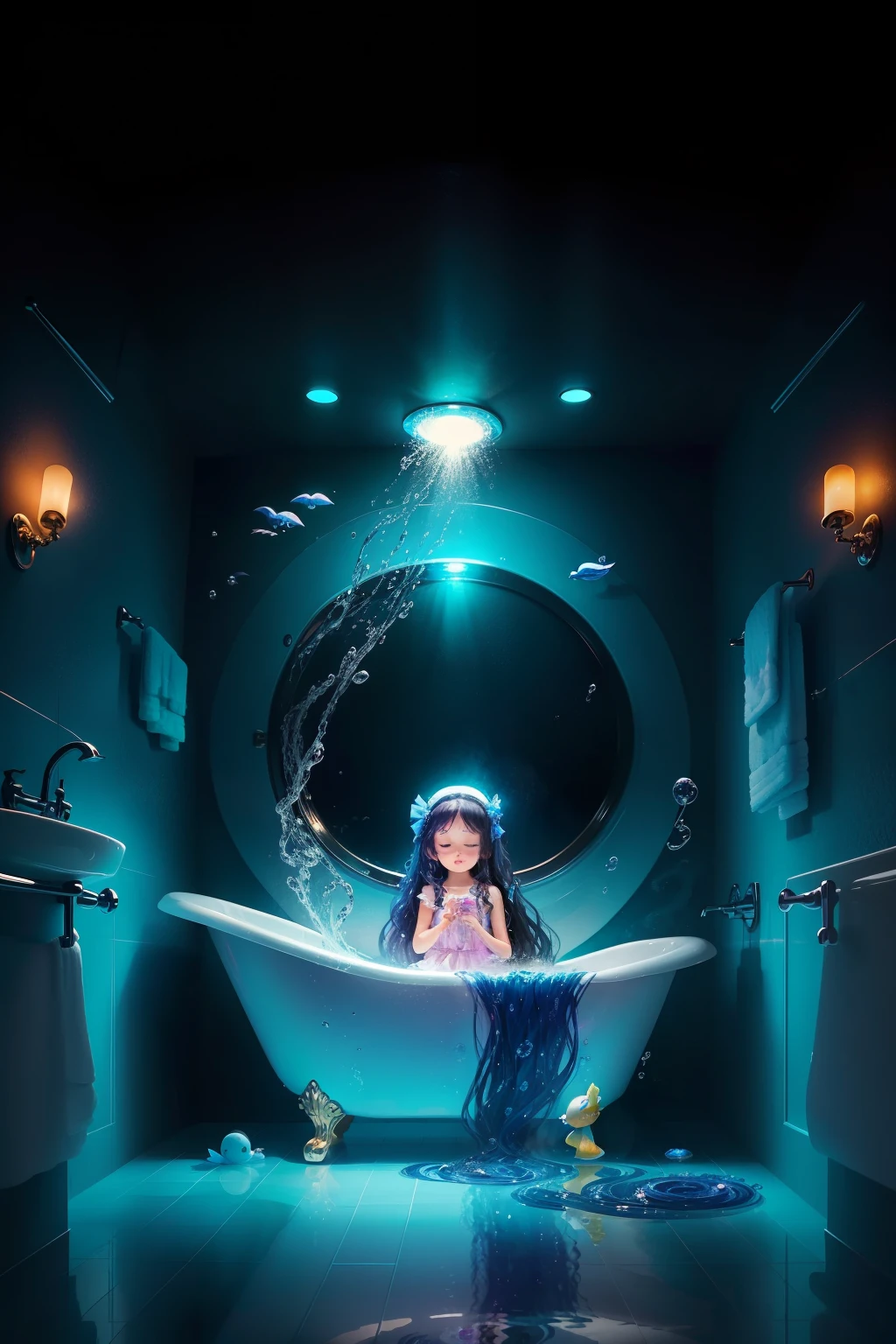 Young girl named Melody, with long black flowing locks, eagerly entered the bathroom, her heart filled with excitement. The soft, cinematic light guided her path towards the bathtub. With a graceful gesture, she poured in the shimmering, sapphire-blue bath salts, transforming the water into a magical lagoon. The heavenly aroma of lavender filled the room as Melody slipped into the comforting embrace of the tub. Her loyal companion, Bubbles, the rubber ducky, accompanied her, floating gently by her side. Melody's eyes closed, and her imagination took flight. In her mind, she sailed on the waves with mermaids, danced