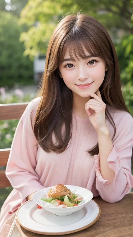 Brown Hair,Medium Hair,20-year-old female, With the correct face, Cute natural smile, Japanese facial features, A clean and cute face, Realistic portraits, 8K Photo, Soft Makeup,Natural skin texture,Raw photo,highest quality,Full Body Shot,Enjoy dinner,Pink clothes
