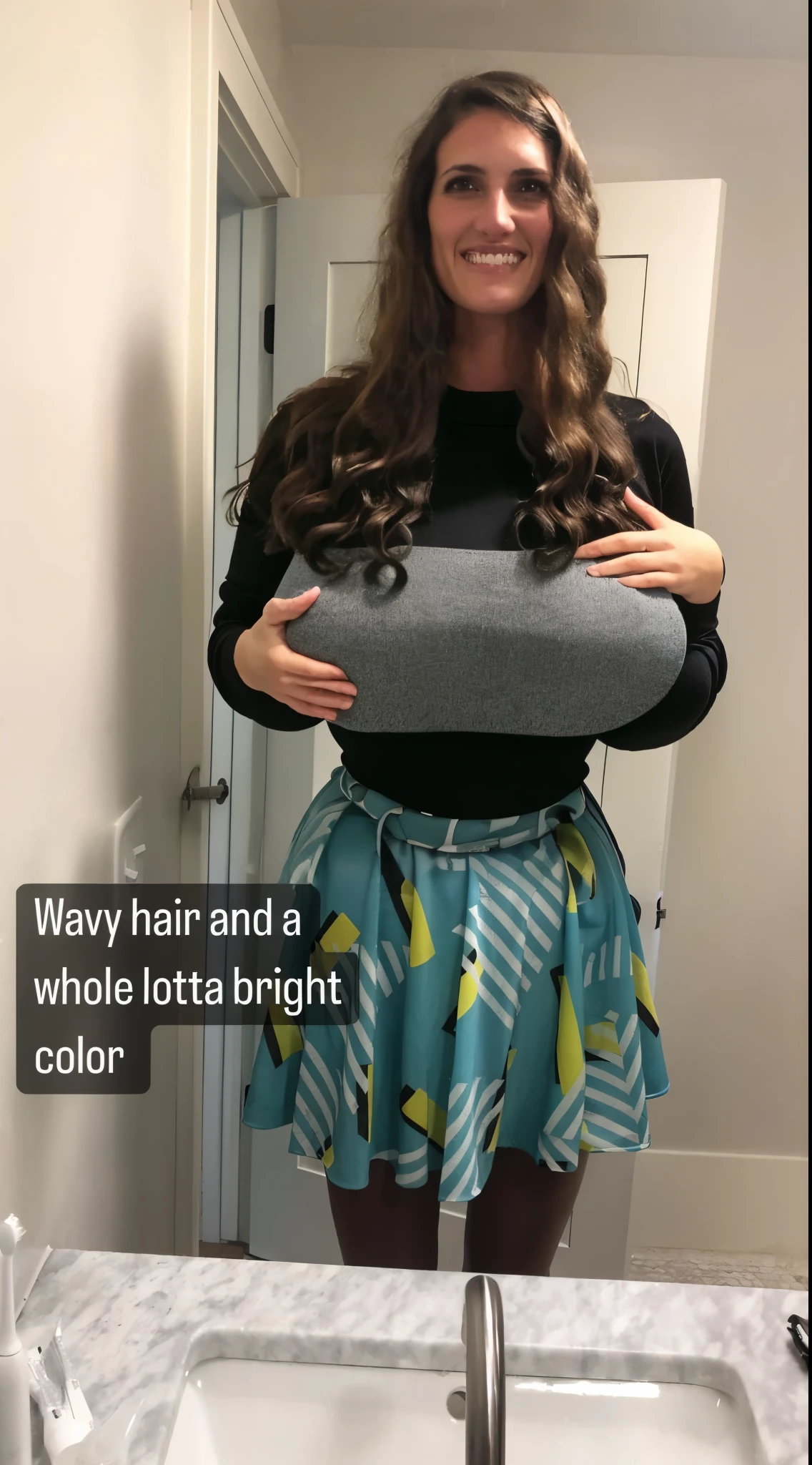 plain black turtleneck, selfie, hand behind back, (big giant enormous oversized massive huge colossal breasts:1.5), (gigantic sagging breasts:1.5), (very long full wavy big hair)