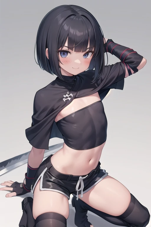 One boy,bob cut,bangs,black eye, (seef:1.3), boots, cape,fingerless gloves, midriff, navel, shorts ,legwear,, {black hair:1.3},{bangs bangs:1.3},(ninja sword:1.3),otoko no ko,Flat Chest,Cowboy Shot,masterpiece,highest quality,Super detailed,  ,smile,blush, , blush,slant eyes,thin,kneeling, 