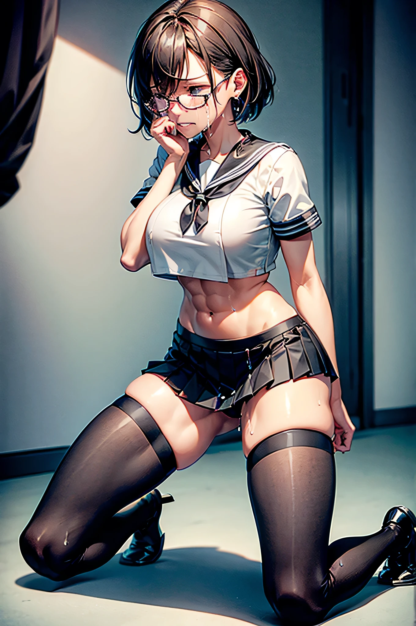 (1 female),(solo),(front),(kneeling),(spread legs),(Crying:1.9),BREAK,black short hair,(huge breasts),(beautiful abs:0.9),(muscular legs),(very slim body),BREAK,black glasses,BREAK,(short sleeved white sailor suit),(crop top:1.5),BREAK,(very short gray pleated skirt),(low rise:1.5), BREAK,(black thighhighs boots),BREAK,((Highest quality)),masterpiece,Perfect Anatomy,Highly detailed face and eyes