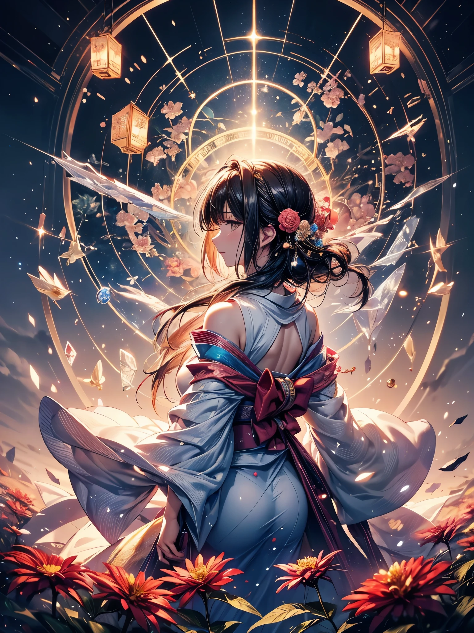 Ultra-delicate, Clear focus, (high resolution), Deformed depth of field blurred background, Detailed background, Perfect layer cutting, Atmospheric distance sense, artistic, (full-body shot/Cowboy shooting/Rear view/Top view/Top view), 8K, wallpaper, Micro light, complicated, familiar, black magician, particle, constellation, Stardust, universe, ((flower)), comfortable peace, peaceful, Japan, Himiko, kimono, With crystal, Fortune Telling, time and space,