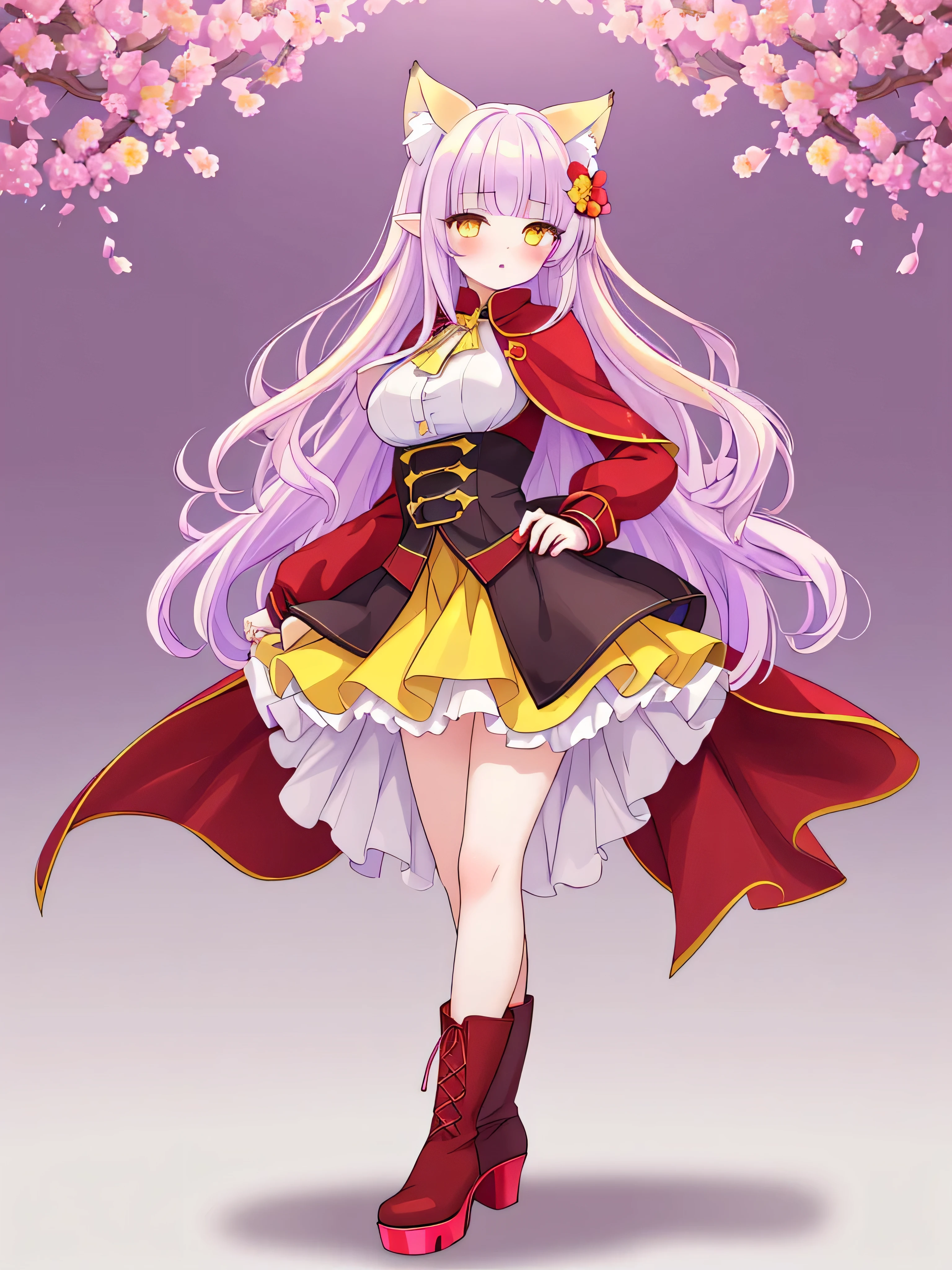 masterpiece, top quality, super detailed, CG illustration, high resolution, better lighting, best shadows, very delicate and beautiful, proper shading, hd, 8k,1girl, solo, long hair, breasts, looking at viewer, blush, bangs, skirt, blonde hair, large breasts, shirt, hair ornament, long sleeves, animal ears, standing, full body, yellow eyes, white shirt, purple hair, flower, multicolored hair, boots, parted lips, hair flower, cape, high heels, animal ear fluff, gradient, gradient background, brown footwear, own hands together, red flower, red footwear, red nails, extra ears, high heel boots, purple flower, black cape, yellow skirt