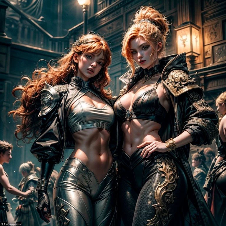 Two beautiful ginger women, with meticulously detailed bodies, clad in intricately designed pirate attire. Their long foam pants and puffy jackets sway gently in the wind. Above their heads, an array of IPA Awards gleam, signifying their masterpiece status in the art world. Permanent lighting bathes their forms in a stunning, chromatic aberration, enhancing every curve and texture. The gritty foam on their ternos adds an element of excitement and energy. Ambient occlusion plays with shadows, creating depth and contrast. Lights flicker, casting sharp focus and contrast onto their faces, highlighting their features distinctly.Better backlight adds drama