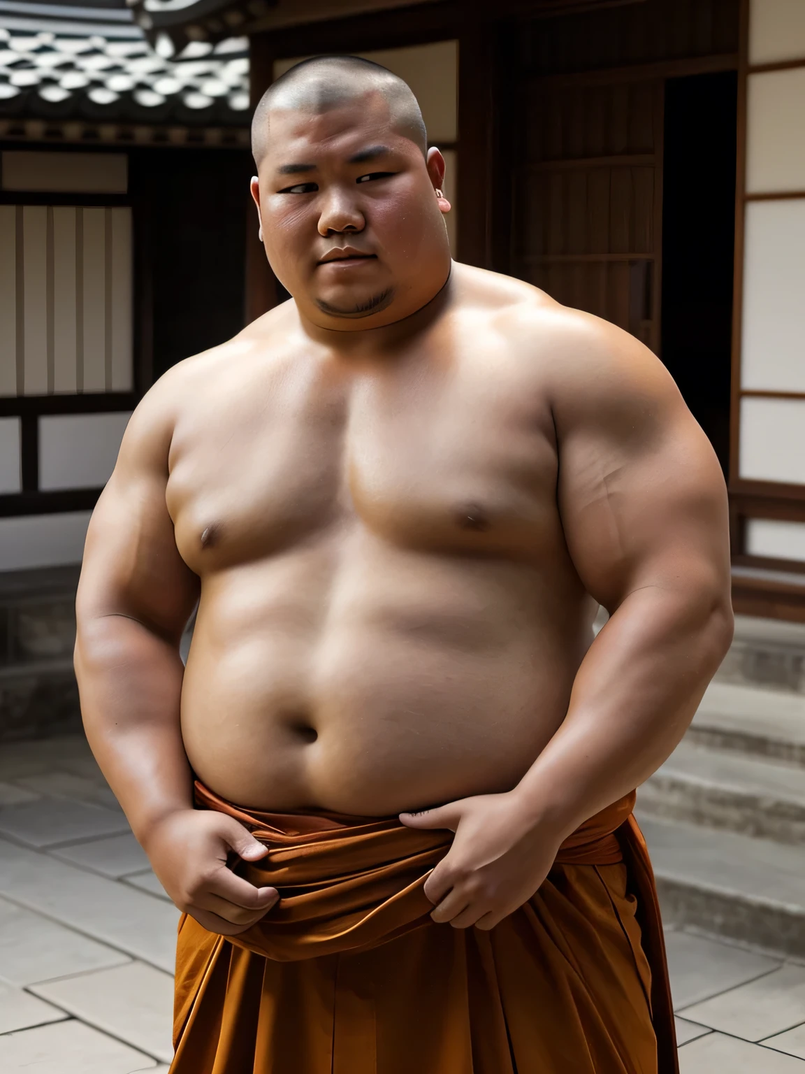 A young monk from ancient Japan, who looks like a fat bodybuilder like a sumo wrestler、He was standing there with a sunburned face and a haggard look on his face.
