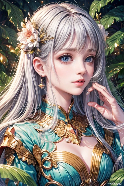 (best quality,8K,CG),detailed upper body,solitary girl,floral forest background,complex facial features,elegant long curly hair,almond-shaped big eyes,detailed eye makeup,long eyelashes,twinkling stars,exquisite lip details,soft and harmonious style.