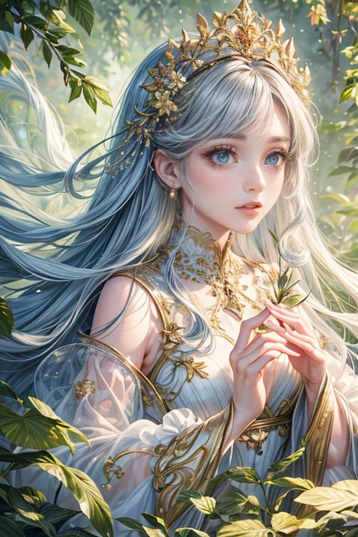 (best quality,8K,CG),detailed upper body,solitary girl,floral forest background,complex facial features,elegant long curly hair,almond-shaped big eyes,detailed eye makeup,long eyelashes,twinkling stars,exquisite lip details,soft and harmonious style.