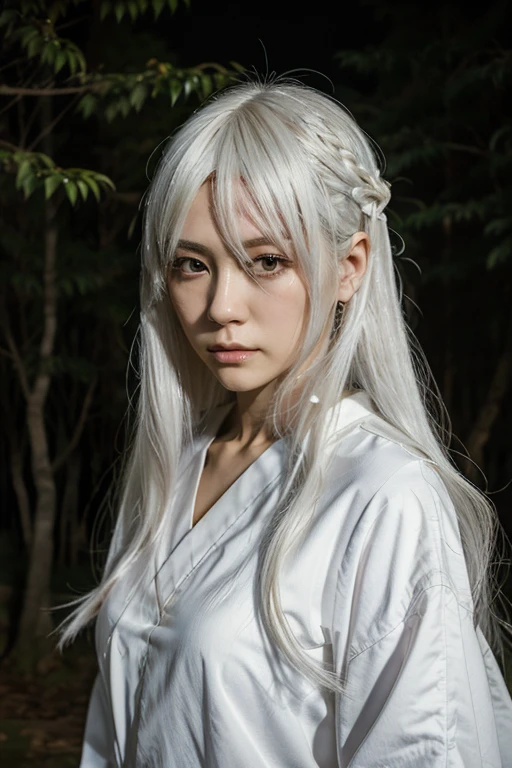 anime, Tall Japanese woman with white hair and eyes, long hair, expressionless face in a Japanese forest at night, roupas japonesa
