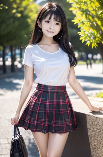 Tabletop, （highest quality）,（masterpiece） Realistic,Realistic Ultra-detailed, finely, High resolution, 8K Wallpaper,Anatomically correct body, One cute woman,Japanese,15 years old,,smile,（Black Hair：1.3）,（Straight long hair：1.4）,（Are thin：1.3）,White T-shirt,（Tartan Skirt：1.4）,Summer sunshine,Park during the day,clear,Front lighting