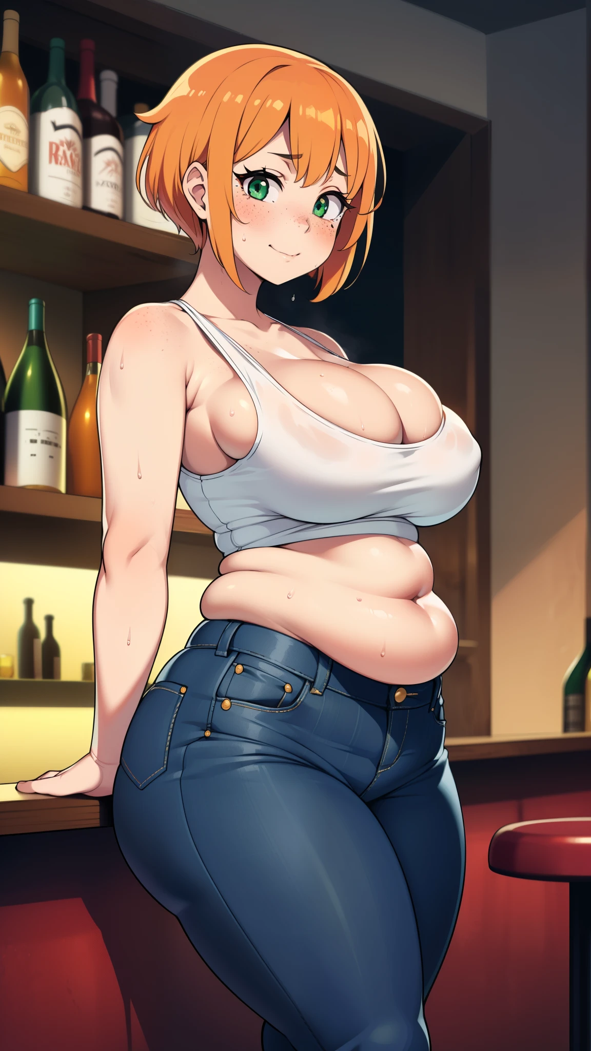 ((highres)), Masterpiece, high quality, best quality, beautiful, perfect lighting, detailed face, ultra cute face, from side, ((1girl)), ((solo), short fluffy orange hair, green eyes, freckles, sweat, ((blush)), dunk smile, looking at viewer, leaning on bar, standing in a bar, (bar), daytime, tank top, jeans, (((thick thighs))), ((wide hips)), cleavage, (medium breasts), (chubby), 20 year old female, 