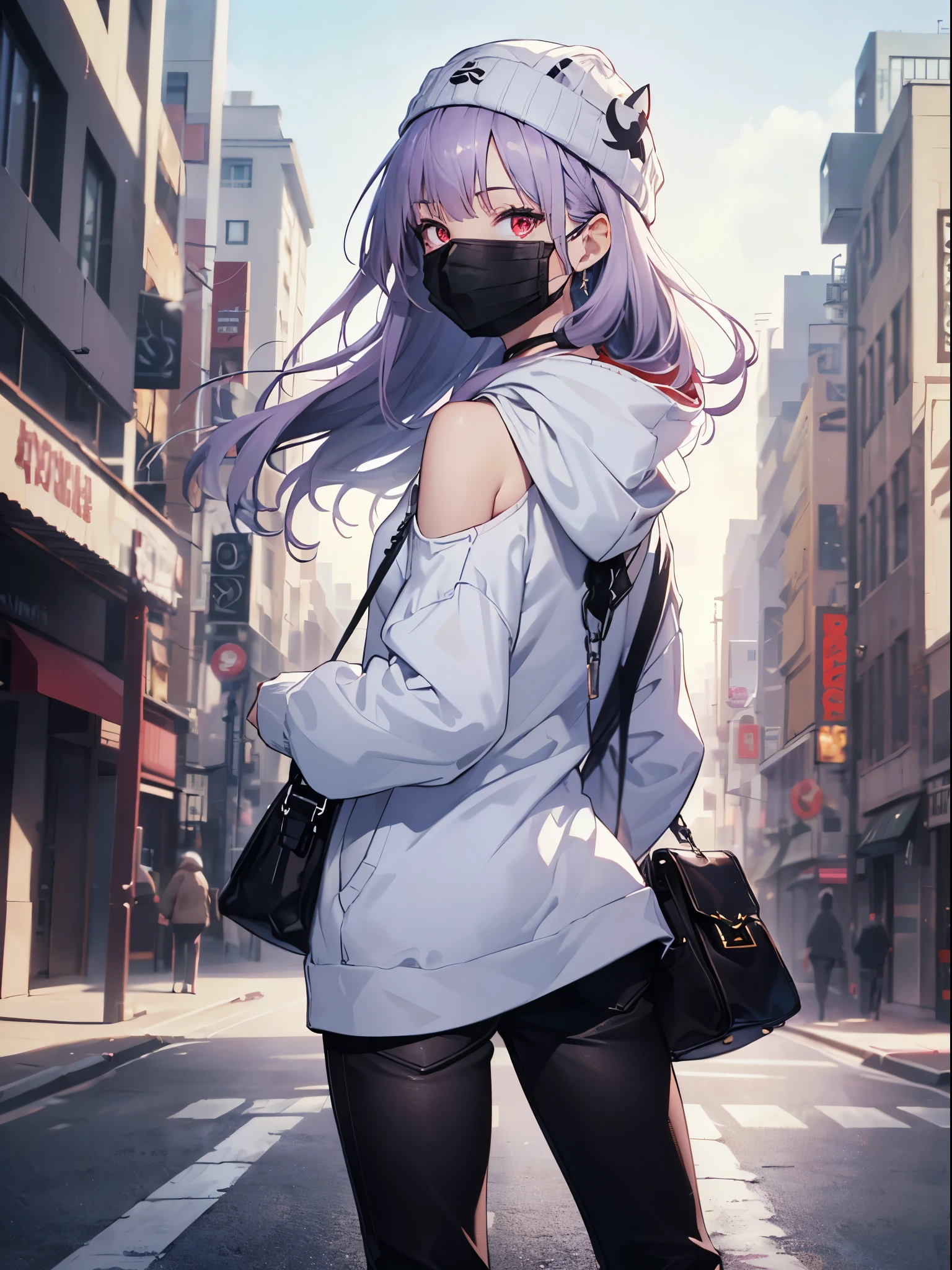(Close-up:1.3),Realistic,highest quality, Super detailed, High-quality CG rendering, The most delicate and beautiful, Floating softly, High resolution, (1 girl), (highest quality,4K,8k,masterpiece:1.2), Light purple hair,Long Hair,Red eyes,(Pure white oversized hoodie:1.3),(Black skinny pants:1.3),(Pure white cap:1.3),In the city,old buildings,(Black Mask:1.4),(Upper Body:1.3),(Turn your back to your audience:1.3),Ass,(Small shoulder bag:1.3)