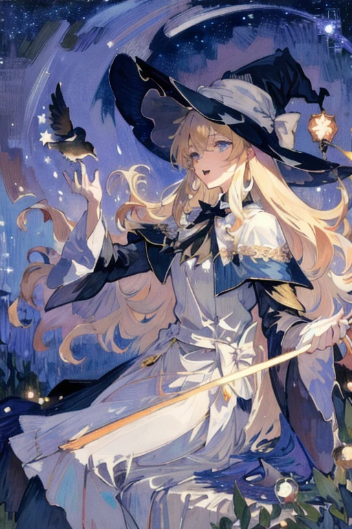 ((masterpiece:1.2, best quality)), 1girl, solo, (witch hat), blonde hair, long hair, dress, aurora, night, star (sky), gloves, sky, white dress, night sky, open mouth, starry sky, blue eyes, ribbon, very long hair, red dress, smile, hair ribbon, cape, blue hair, (bird), magic, casting spell, dark clouds, night, (impressionism:1.4), (tarot:1.3), alphonse mucha,