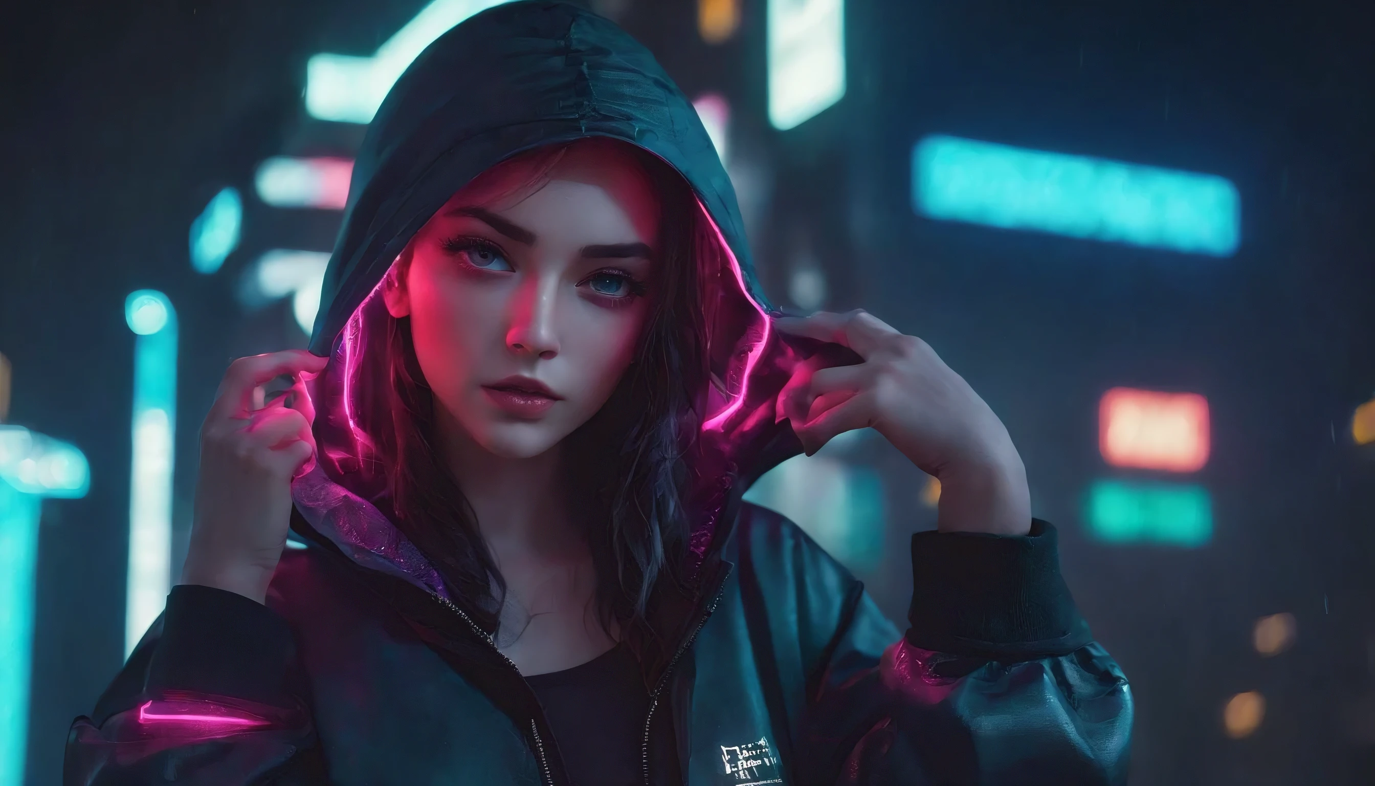 Portrait of a cute girl with a hood in a cyberpunk city at night, noite chuvosa, Olhos lindos, luzes noturnas nevoentas, dramatic lights, luzes de neon, Hardwave aesthetics, luzes frias, dark cyberpunk aesthetic, Mulher extremamente bonita.