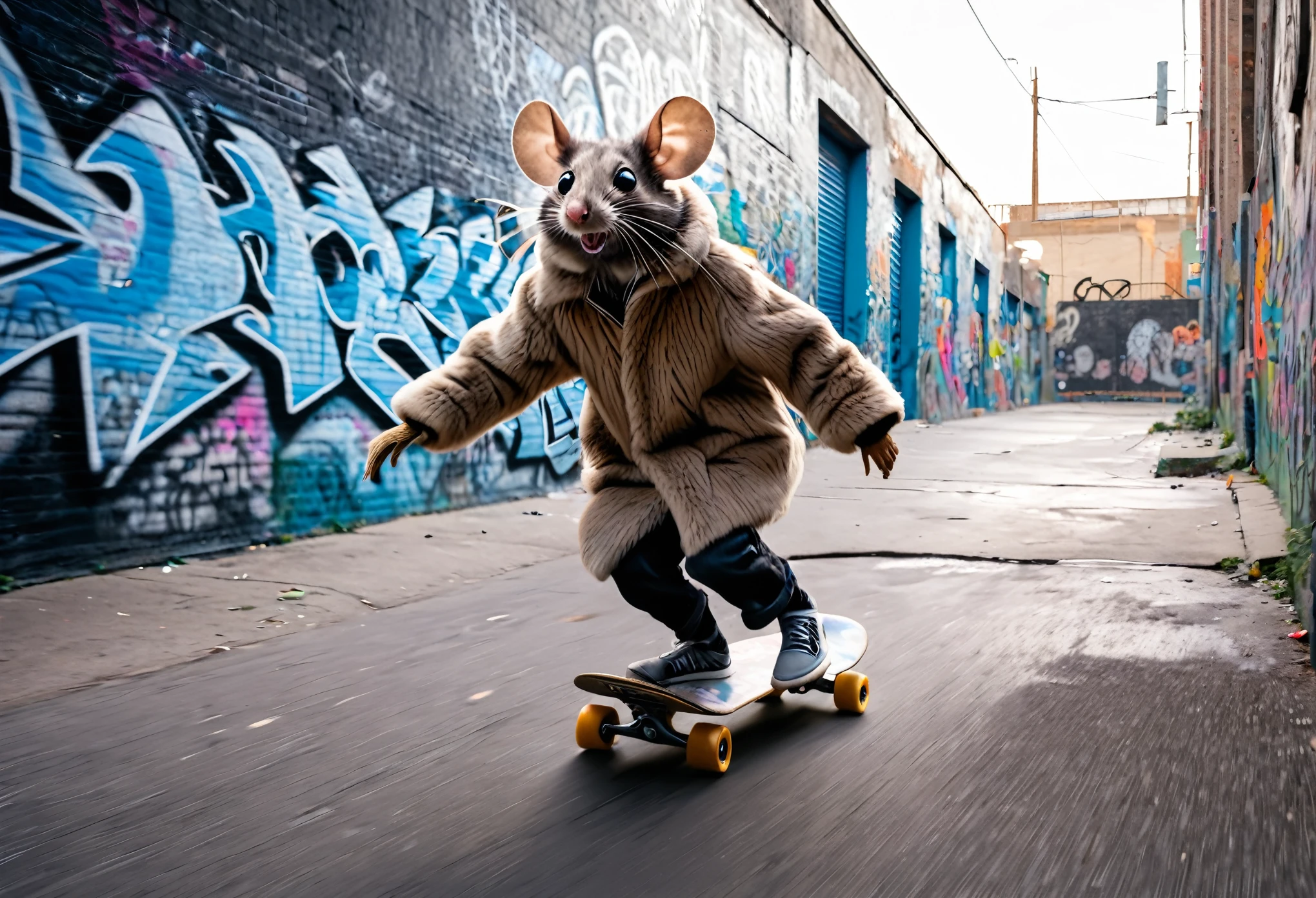 (Street photography:1.3) photo of an anthropomorphic mouse, with large expressive eyes and a tousled fur coat, skateboarding down an urban alleyway, full body framing, in a gritty city setting with graffiti walls, under harsh midday light casting dramatic shadows, shot with a low angle, on a Canon EOS R5 with a wide angle lens and (motion blur effect:1.4), in the style of (Cheryl Dunn:1.5)